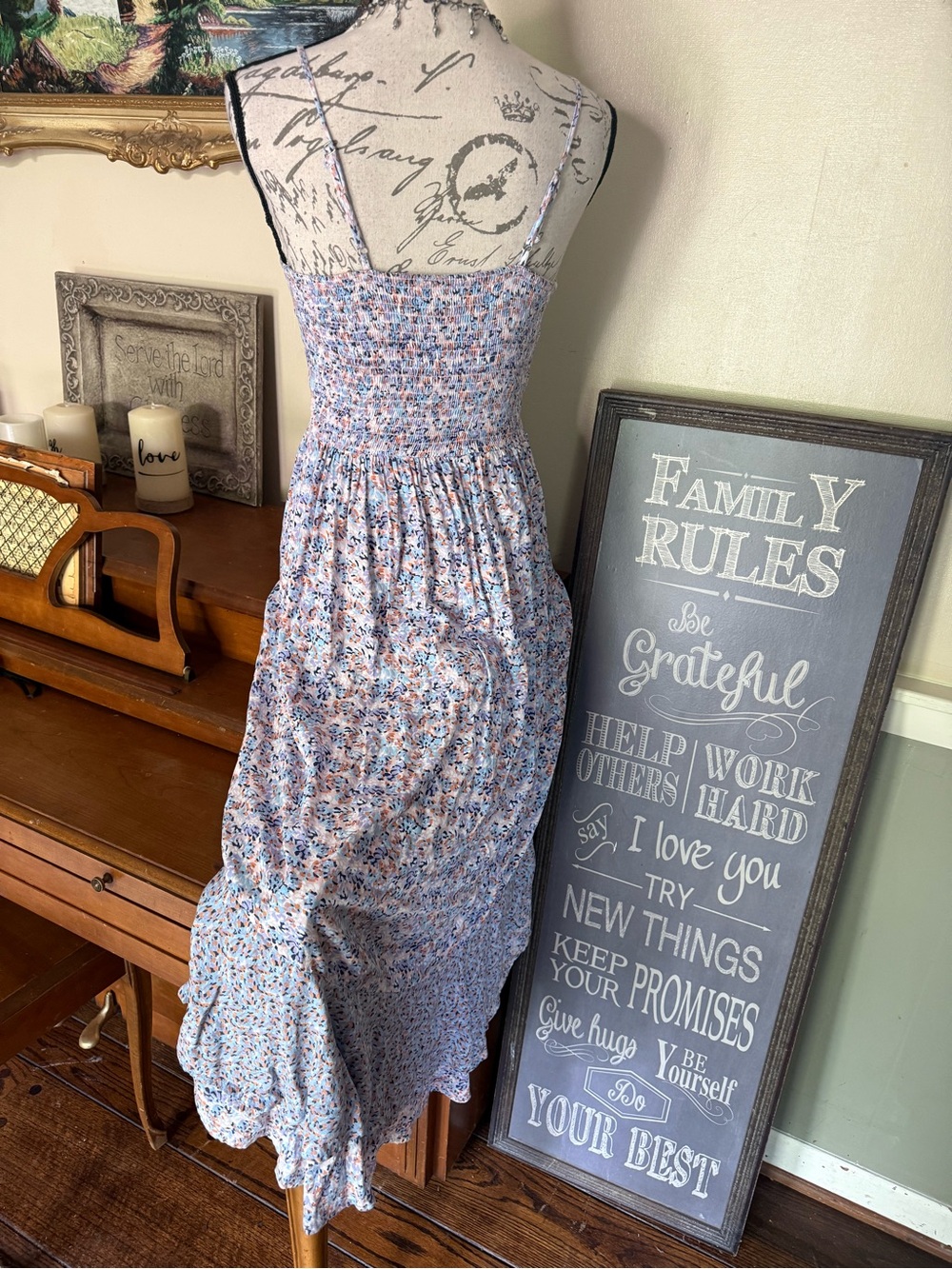 Vintage-Inspired Floral High Low Dress | Romantic Cottagecore Midi Smocked Dress - Picture 4 of 8
